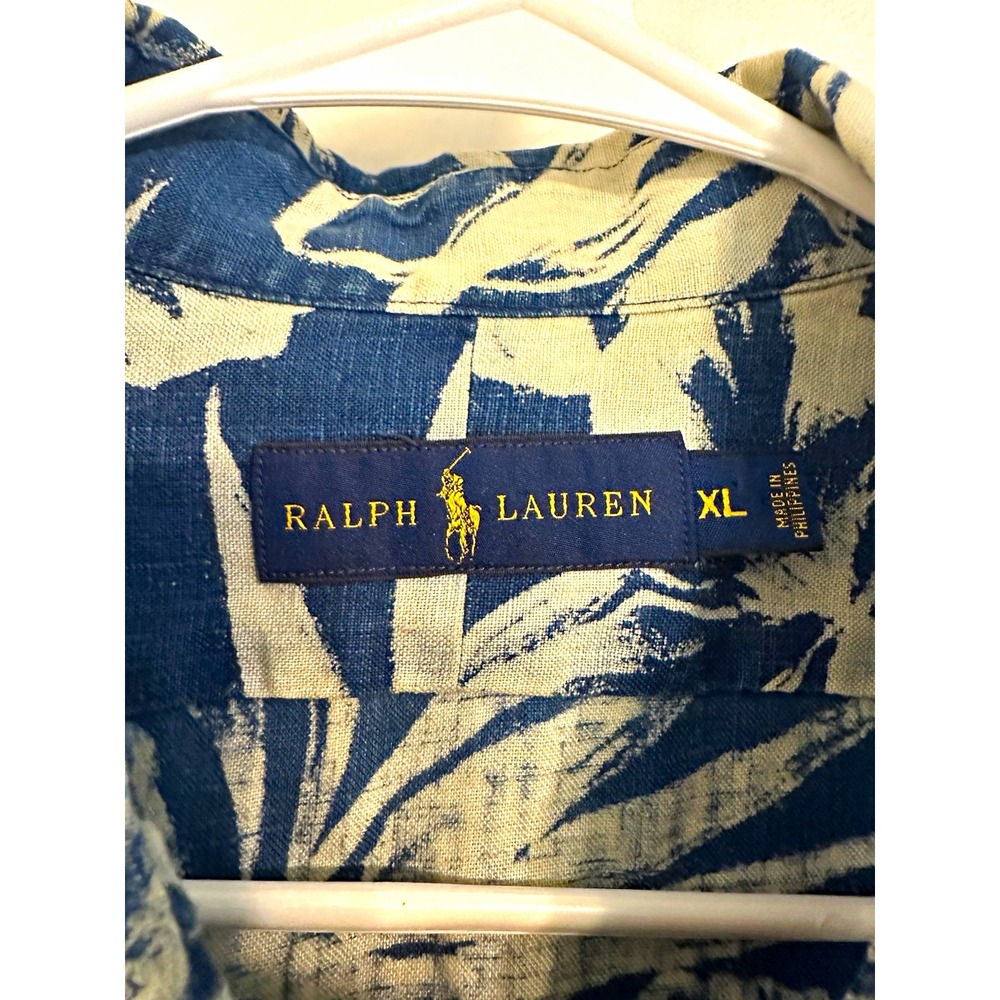 Ralph Lauren Men's XL Linen Blue/White Floral Hawaiian Short Sleeve Shirt